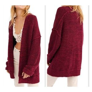 Free People High Hopes Burgundy Marled Drop Shoulder Open Cardigan Size Small